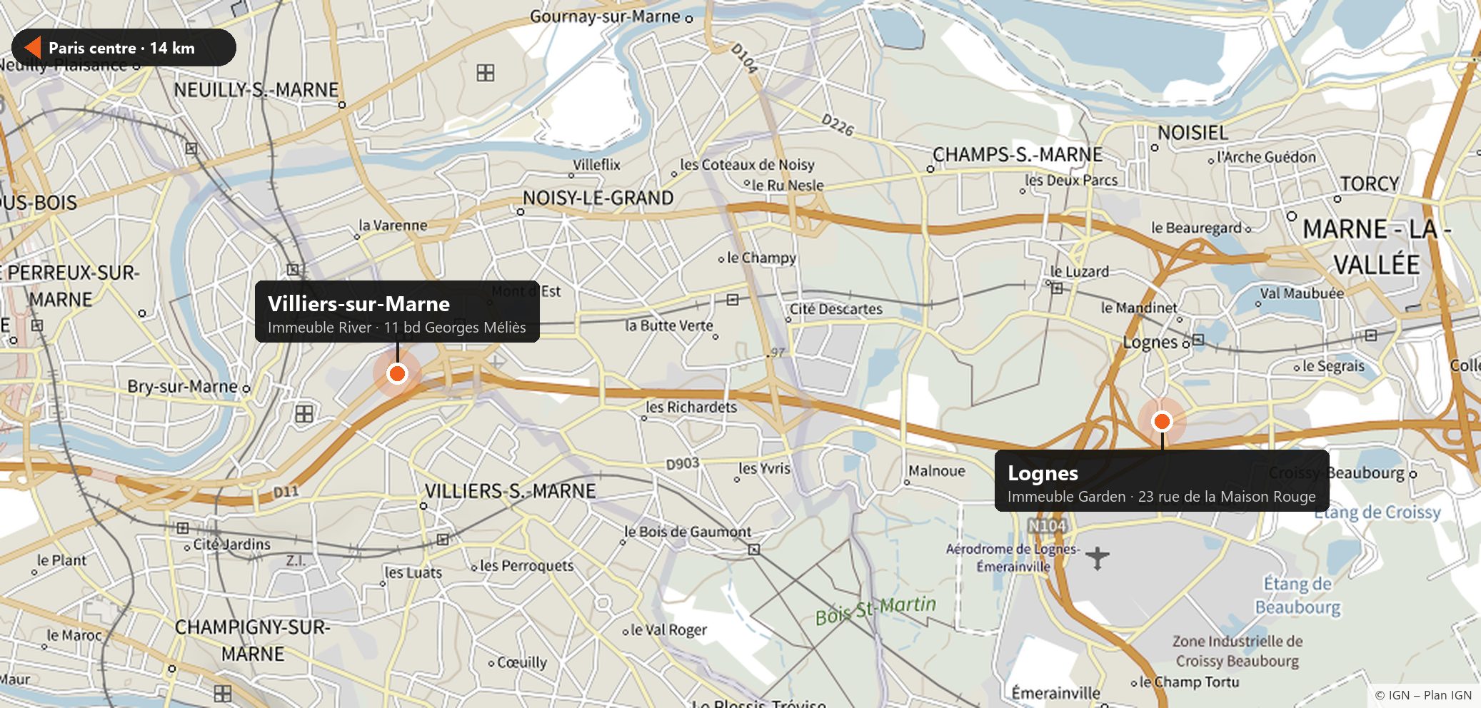 Carte de l'Est parisien : l'immeuble River au 11 boulevard Georges Méliès à Villiers-sur-Marne et l'immeuble Garden au 23 rue de la Maison Rouge à Lognes, de part et d'autre de l'autoroute A4, à 7 km l'un de l'autre.